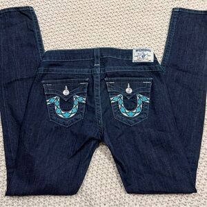True Religion Women's Turquoise Diamondback embroidered flat pocket jeans. Sz 28